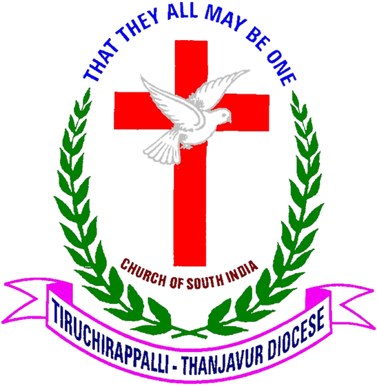 Crest of the Church of South India, Tiruchirappalli–Thanjavur Diocese: a red cross with a white dove, inside a green laurel wreath, under the words “That they all may be one”, above a ribbon naming the Diocese.